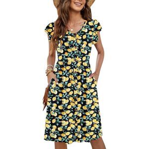 WNEEDU Summer Dress Size Large Black Yellow Lemon Print Cap Sleeves Pockets